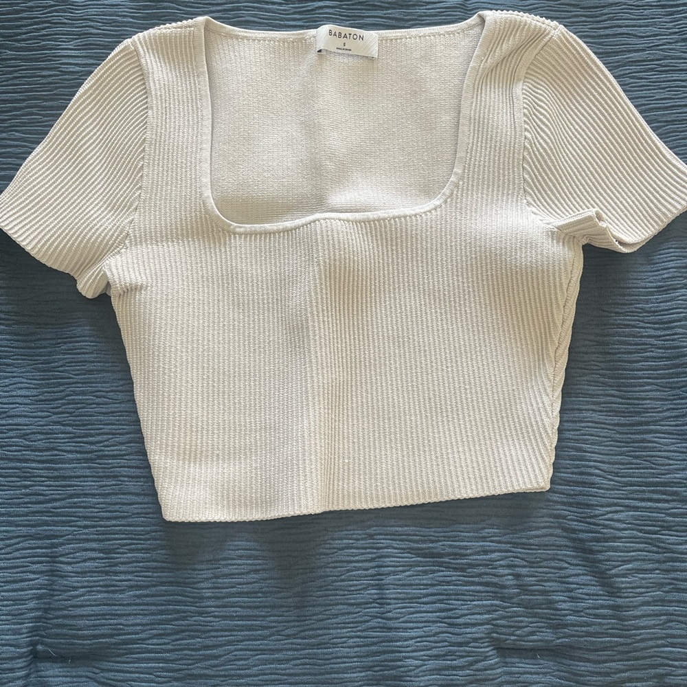 Aritzia Babaton Cream Ribbed Knit Top